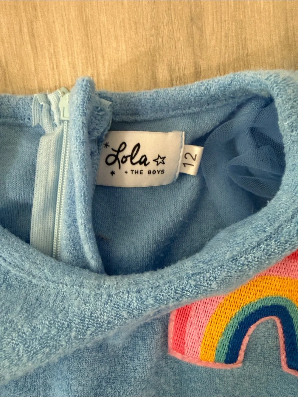Lola + The Boys Light Blue Terry Romper with Rainbow Patch